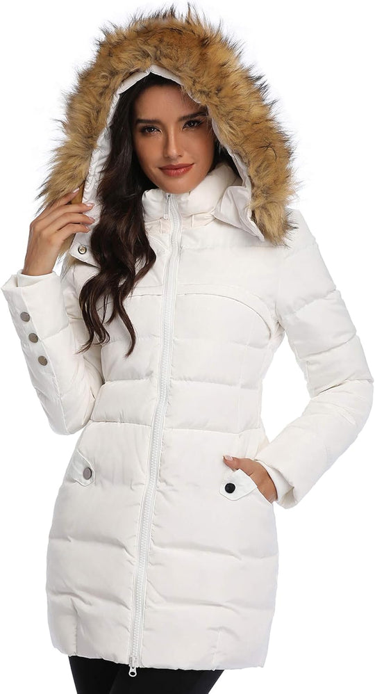 White long puffer jacket with high hood, faux-fur trim, and buttoned sleeve cuffs