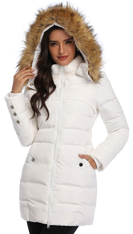 White long down parka puffer, zip front and faux fur hood with metal button details