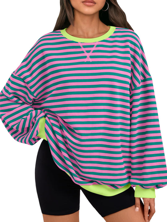Gestreifter Oversize-Crewneck in Pinkgrün mit Rippenbund und Kordel-Detail vorn