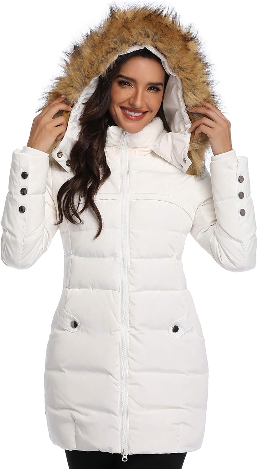 White hooded puffer coat with faux-fur hood trim, zip front, and flap pockets