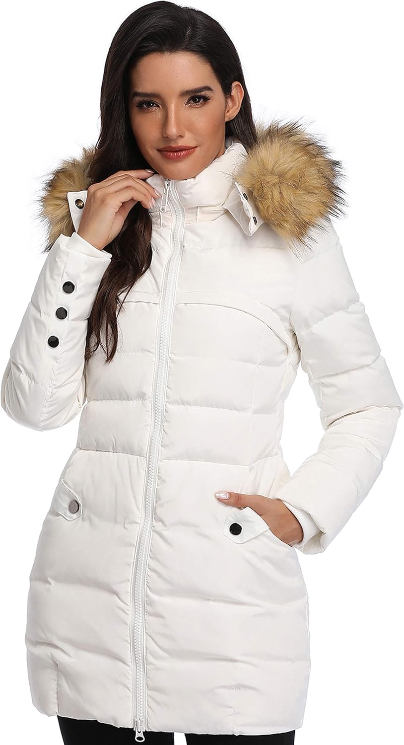 White hooded long down parka with faux-fur hood and snap-strap cuffs, front zipper
