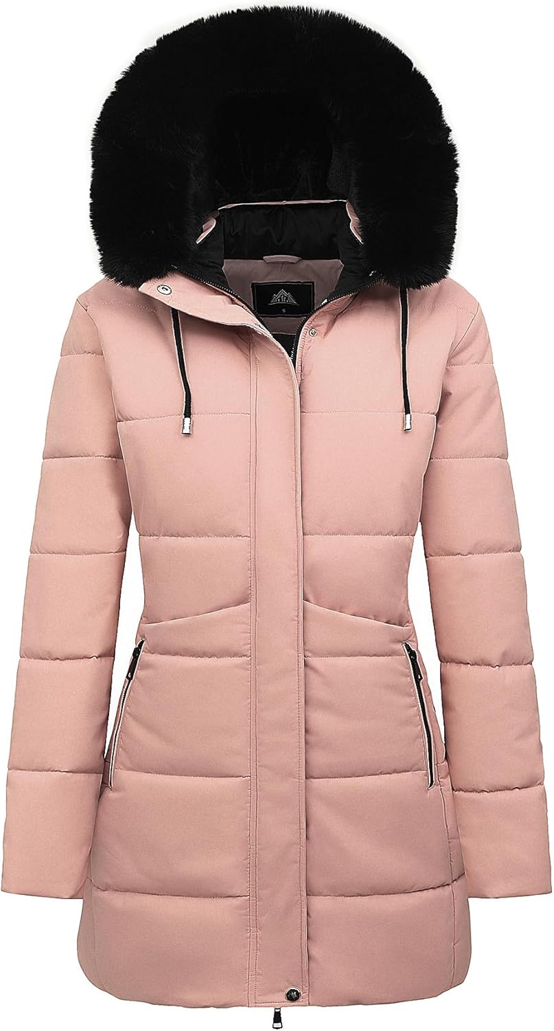 Women’s pink puffer coat with black faux-fur hood trim and detachable hood design