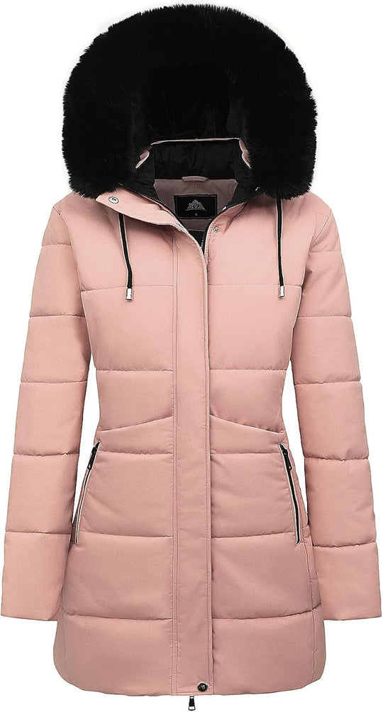 Women’s pink puffer coat with black faux-fur hood trim and detachable hood design