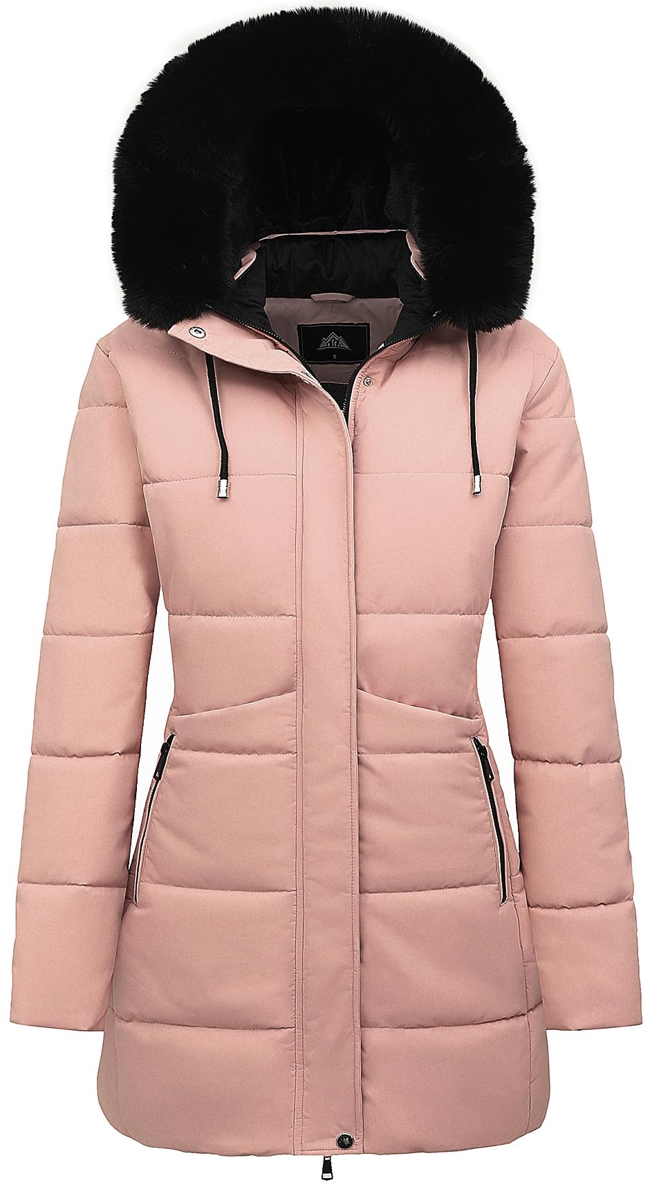 Light pink fleece-lined puffer parka with removable-style faux-fur hood and zip closure