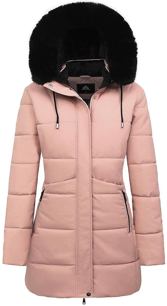 Pink women’s long puffer coat with zip front, black drawstring hood, and side zip pockets