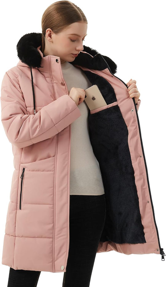 Pink puffer parka open front showing fleece lining and black faux-fur hood trim
