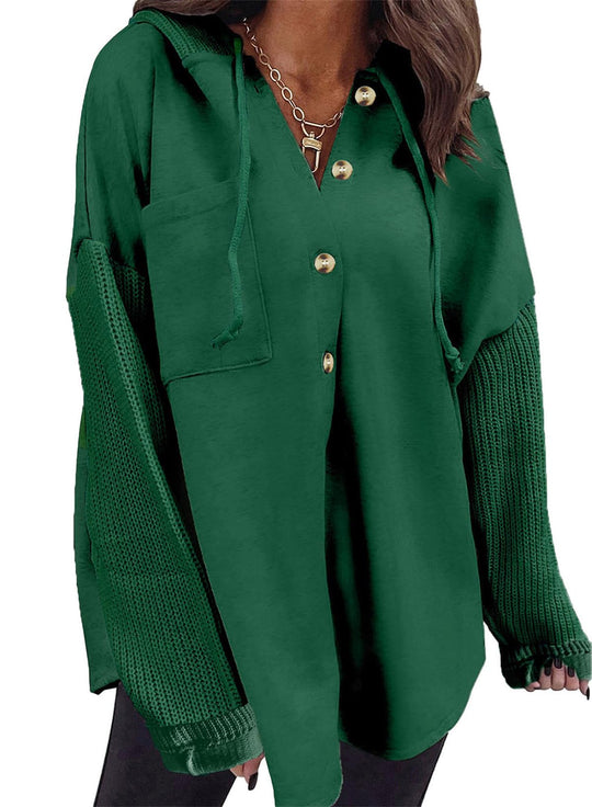 Oversized button hoodie with hood and front pocket, green color