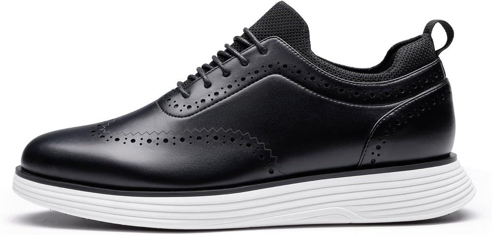 Black wingtip sneakers side view with brogue holes and ribbed white midsole