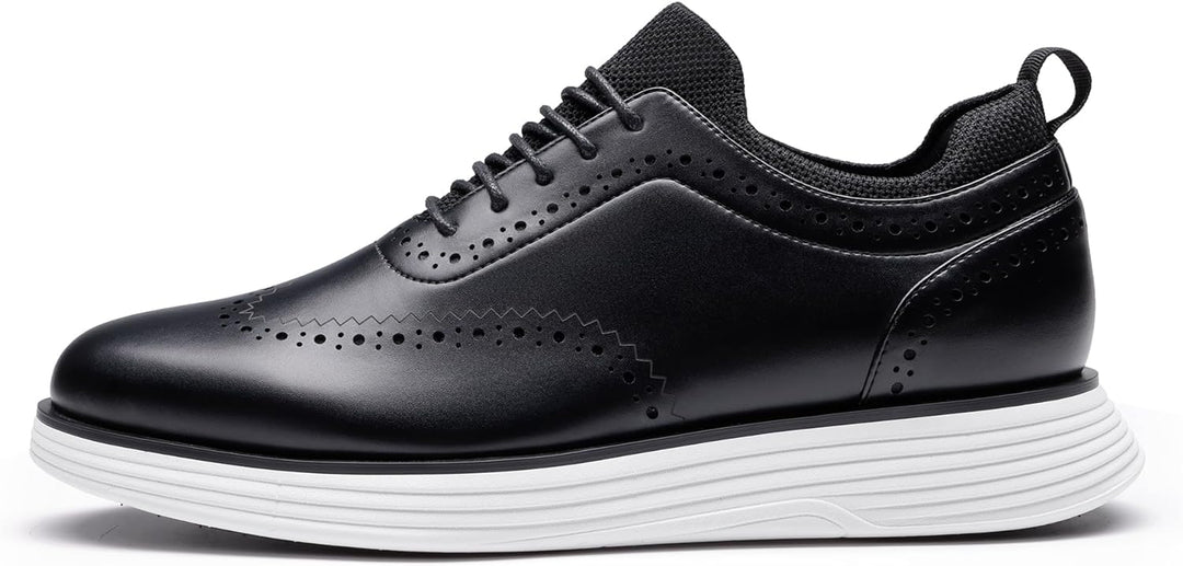 Black wingtip sneakers side view with brogue holes and ribbed white midsole
