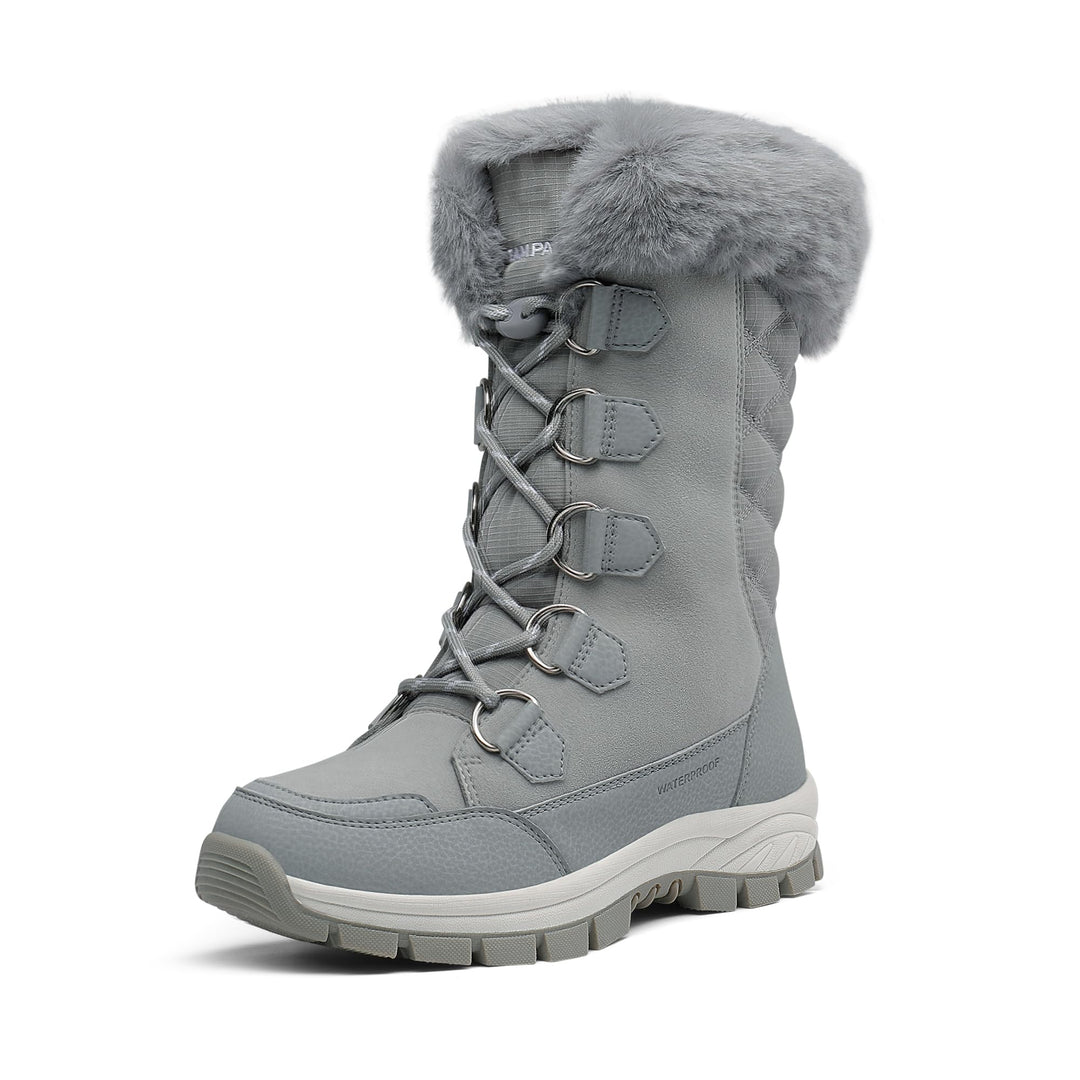 Dark grey mid-calf snow boot with faux fur trim, lace-up, and chunky traction sole