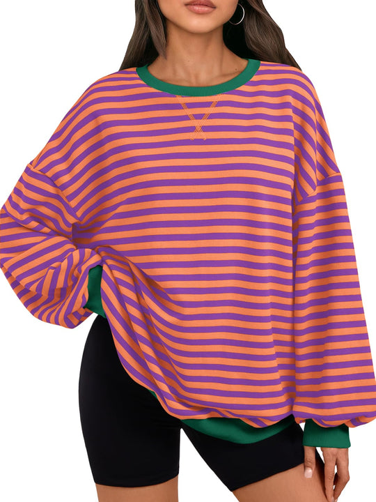 Orange-and-purple striped oversized sweatshirt with crew neck and lace detail, long sleeves