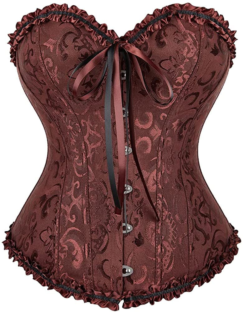 Burgundy corset waist cincher with ruffle trim, lace-up ribbon front, hook-and-eye rows