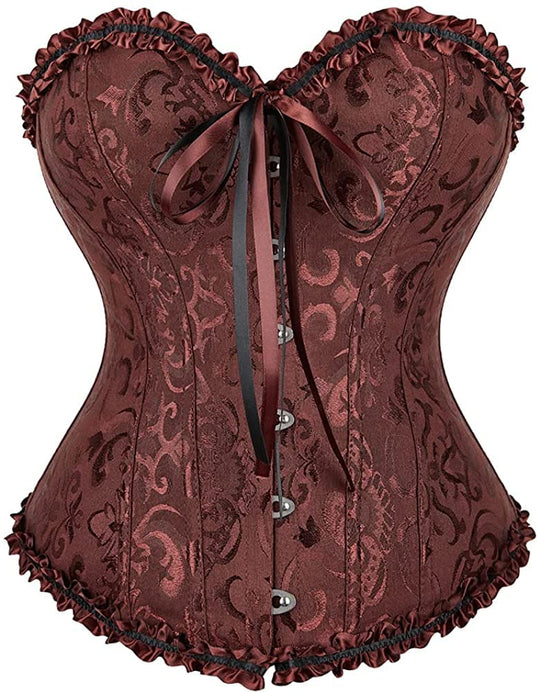 Burgundy corset waist cincher with ruffle trim, lace-up ribbon front, hook-and-eye rows