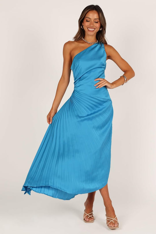 Blaues One-Shoulder Midikleid mit drapiertem Oberteil und plissiertem Rock