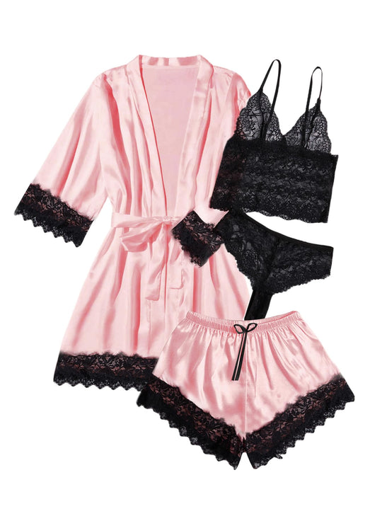 Light pink satin pajama set with black lace cami, shorts and matching robe