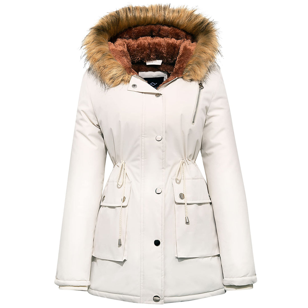 Women’s water-repellent winter parka in white, fur-trimmed hood, drawstring waist and zip