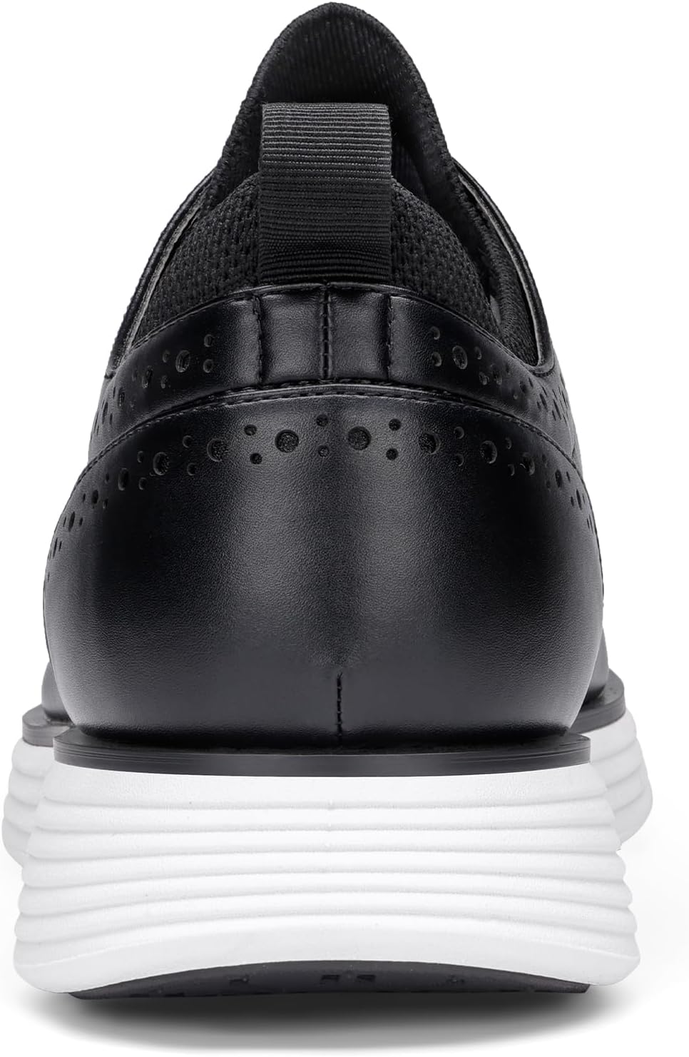 Black sneaker back view with knit collar, heel tab, and perforated leather panel