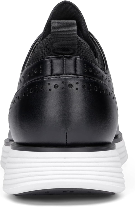 Black sneaker back view with knit collar, heel tab, and perforated leather panel