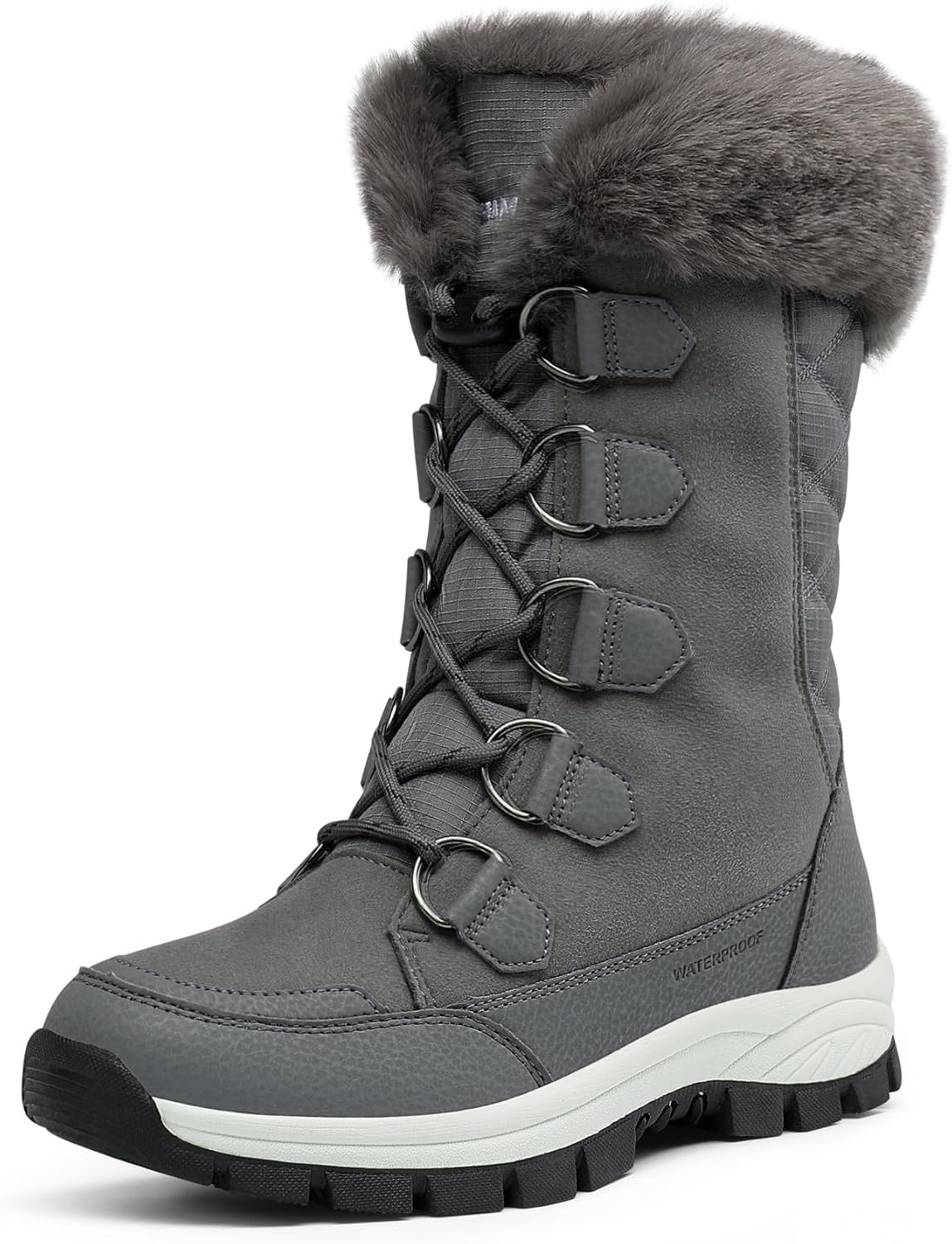 DREAM PAIRS Waterproof Winter Snow Boots, dark grey faux fur trim, lace-up mid-calf