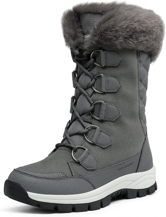 DREAM PAIRS Waterproof Winter Snow Boots, dark grey faux fur trim, lace-up mid-calf