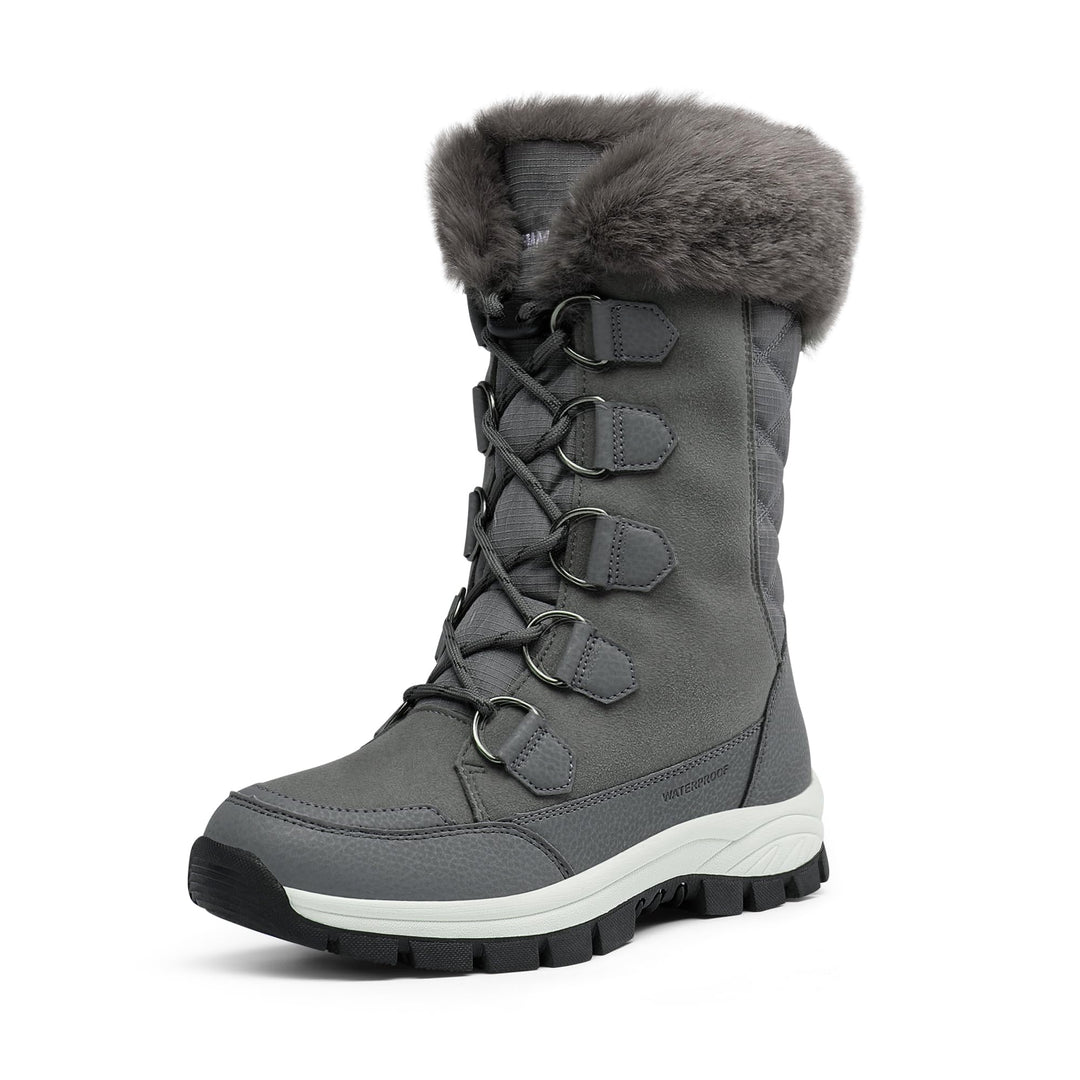 Waterproof lace-up snow boots with faux fur cuff, dark grey mid-calf
