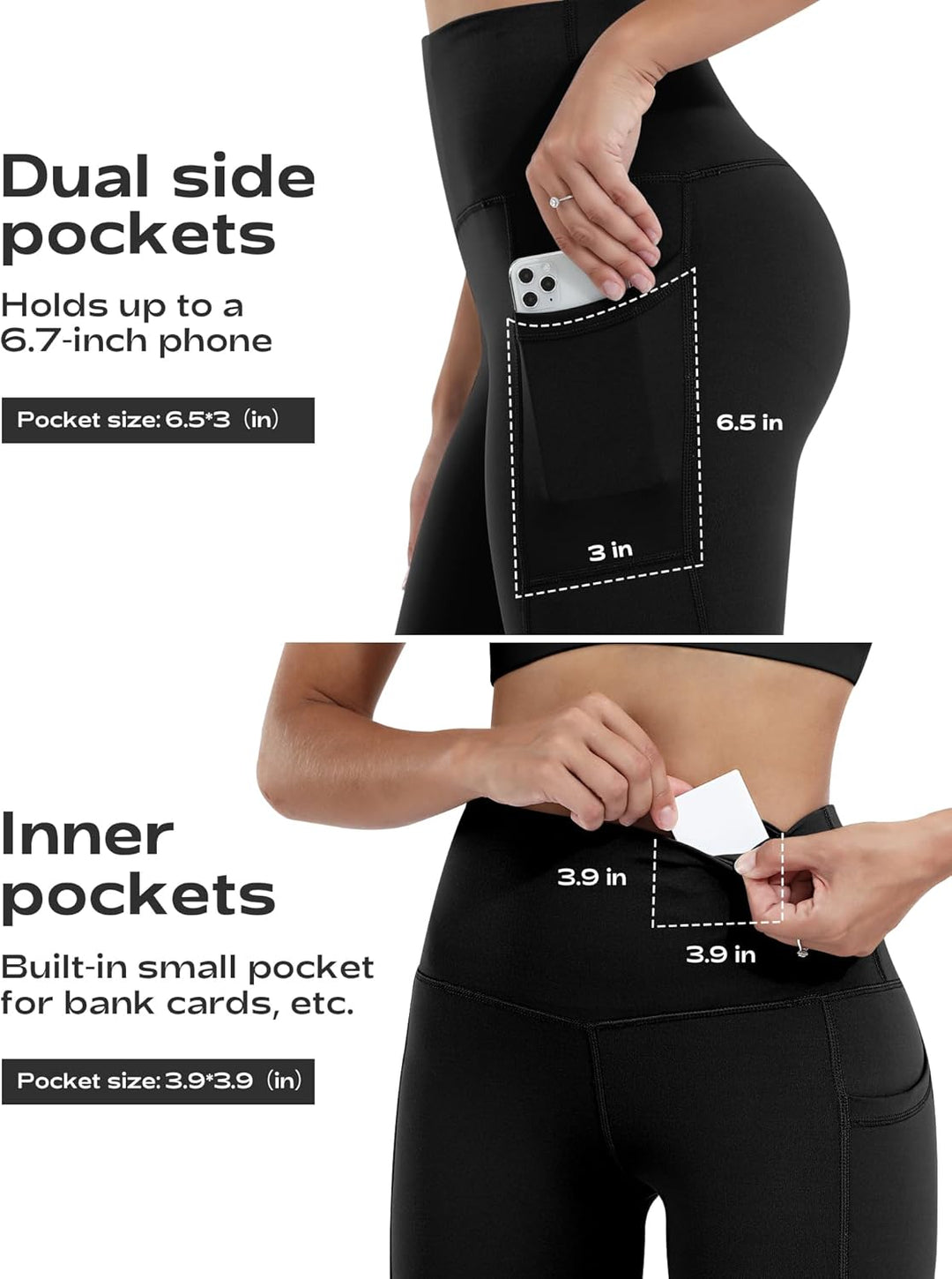 Schwarze Pocket Leggings mit Dual-Side- und Innen-Taschen für Handy &amp; Karten
