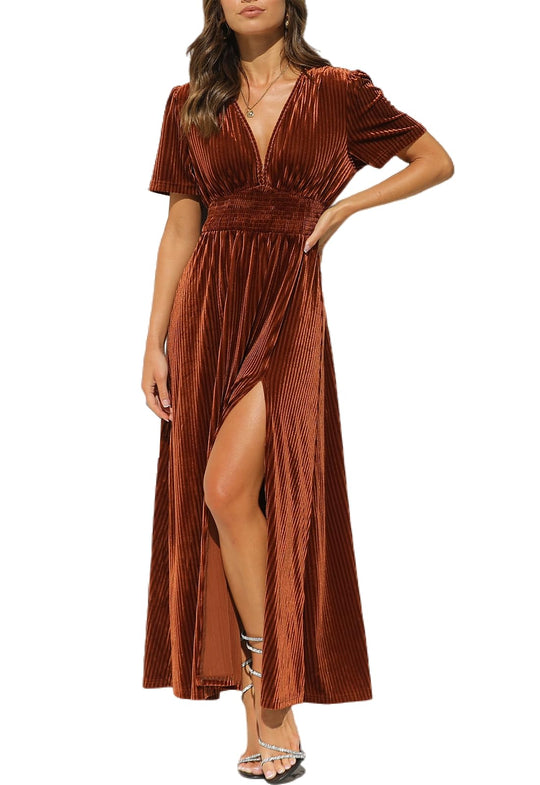 Velvet maxi dress with V-neck, short puff sleeves, ruched waist, side slit—burgundy