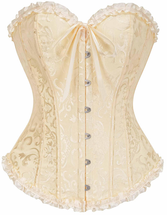 Ivory corset top with sweetheart neckline, lace-like jacquard pattern, bow ties, ruffled edges