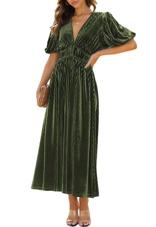 Olive-green velvet maxi dress, V-neck, puff sleeves, gathered waist, front slit
