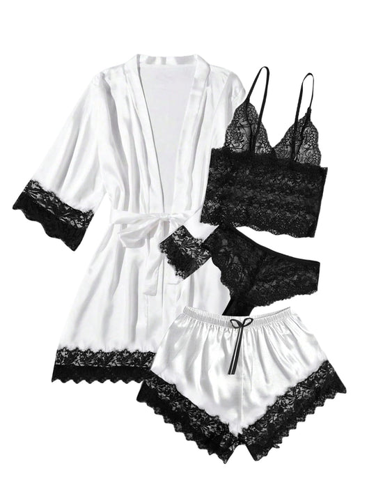 White satin robe with lace-trim tie belt, lace cami bra and shorts set