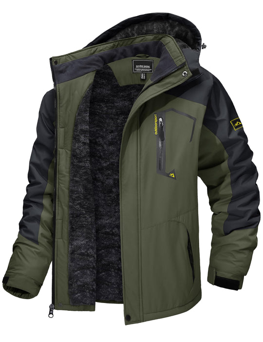 Men’s winter ski jacket with hood, insulated fleece lining and water-resistant shell—olive green
