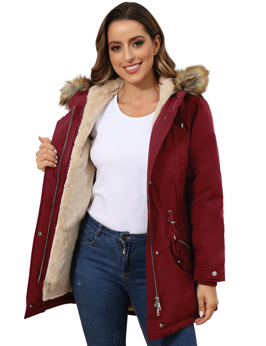 Weinrote Winter-Parka mit Kapuze, Kunstfellbesatz, Fleecefutter und vorderem Reißverschluss