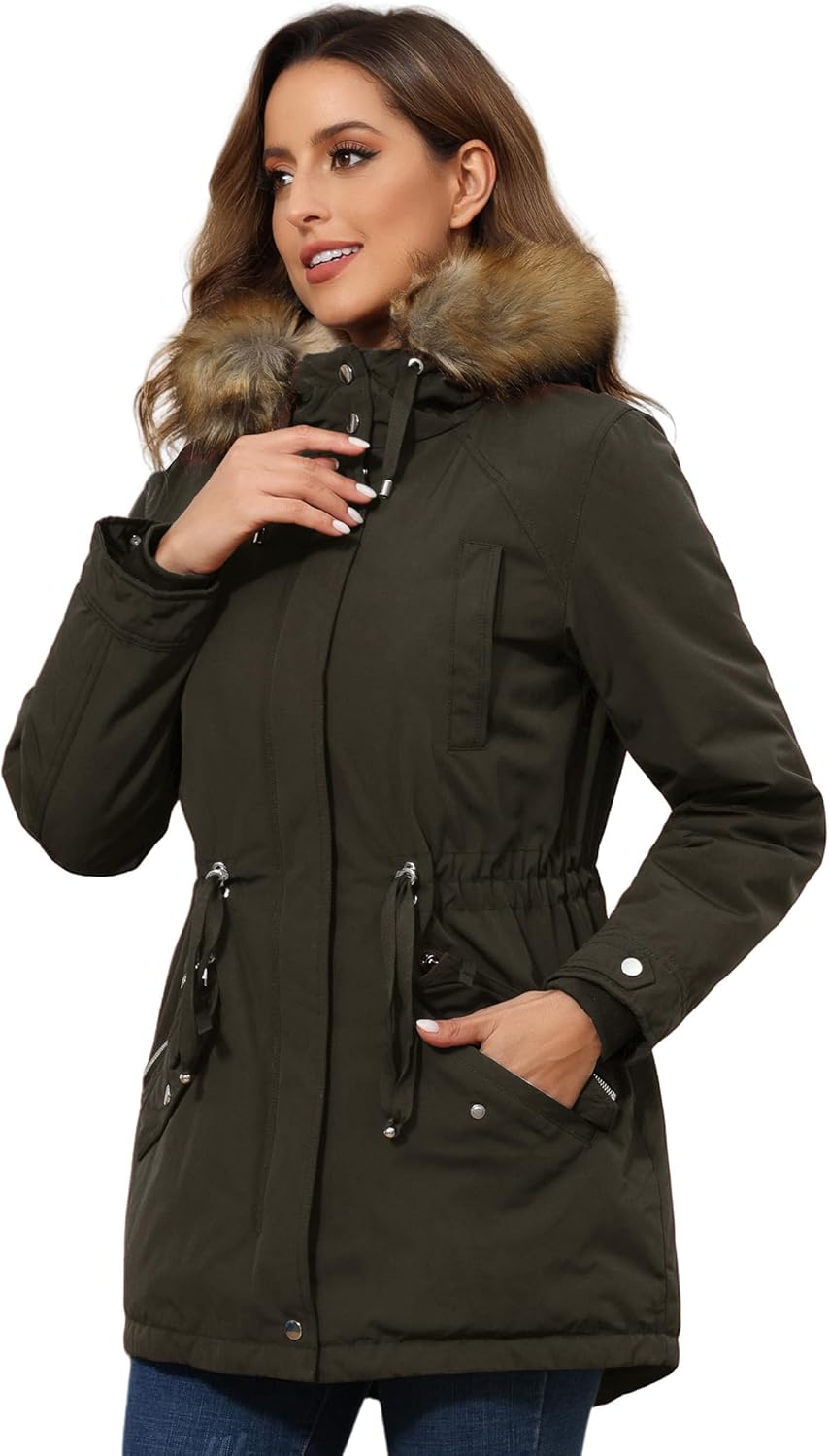 Winterparka für Damen mit abnehmbarem Fellkragen, Reißverschlusstaschen, dunkelgrün