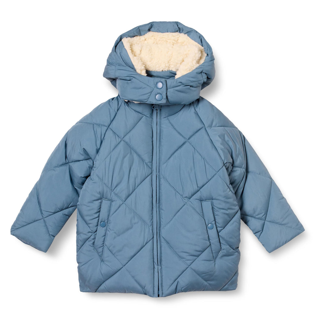 Blue long quilted puffer coat with sherpa collar, zip front, and snap pocket details