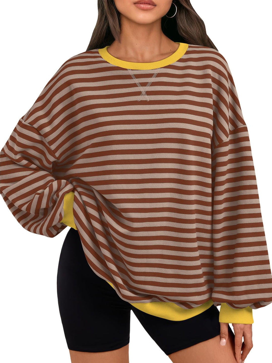 Oversized Sweatshirt braun-weiß gestreift, gerippter Crewneck und Bündchen in Gelb
