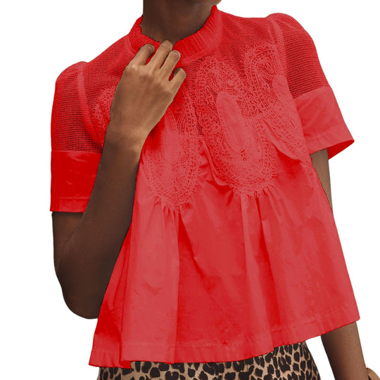 VAOYIU Women Lace-Detail Flared Blouse Short-Sleeve Crew Neck Lace Poplin Mesh Swing Top Elegant Loose Intricate Back Design