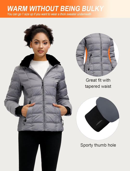Grey puffer jacket with tapered waist and thumb-hole cuffs detail