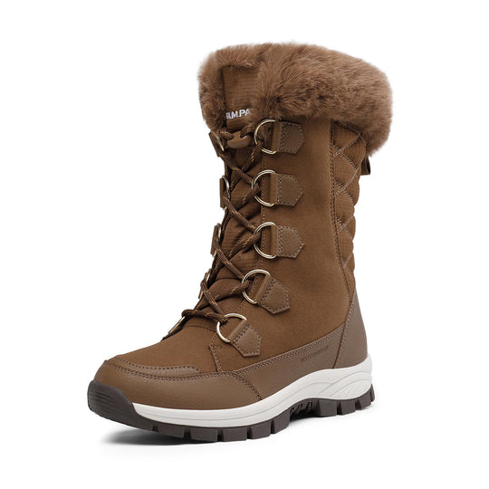 Tan waterproof winter snow boots with faux-fur cuff, lace-up D-ring straps, thick sole