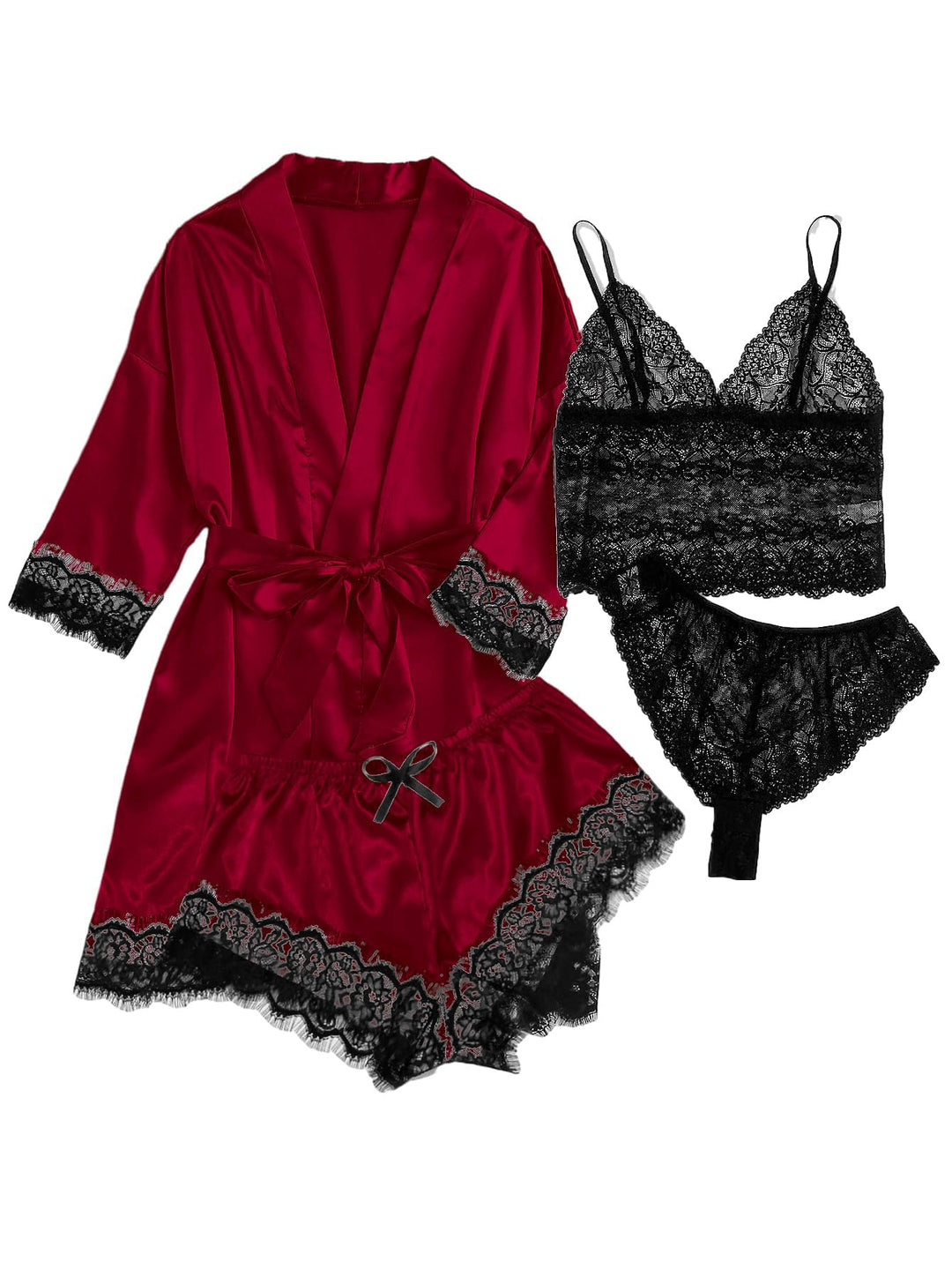 Silk satin pajama set: red robe with black lace cami and lace-trim shorts