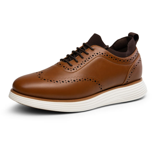 Brown lace-up wingtip sneakers with perforated toe and white platform sole