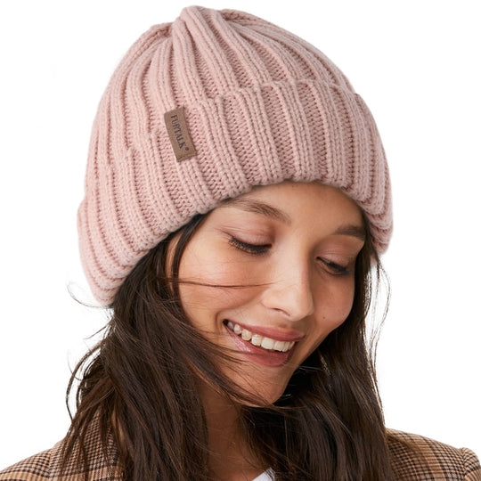 Hellrosa Strickmütze für Damen, dick gerippter Knit, Umschlag mit braunem Markenlabel