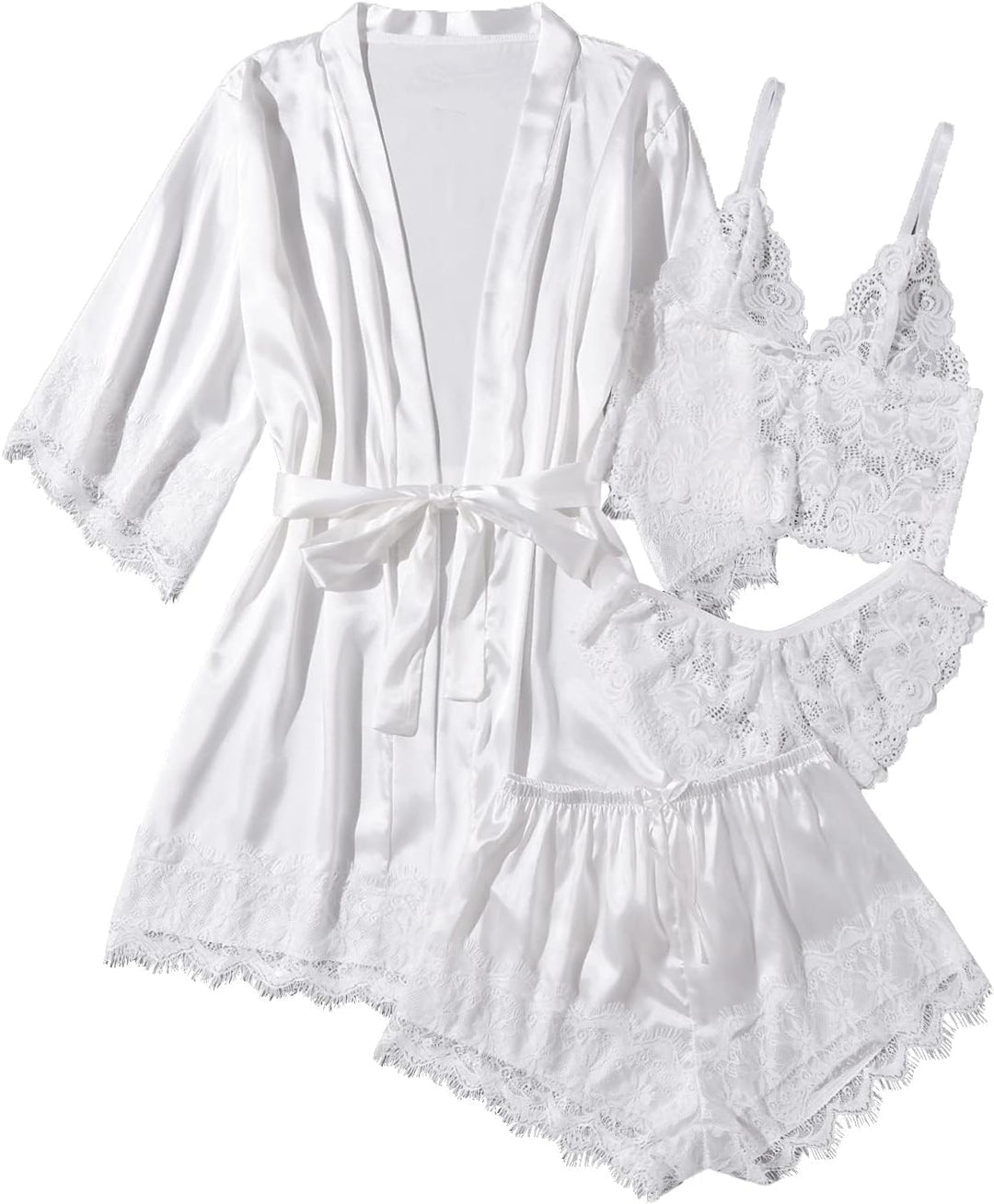 Weiße 4-teilige Satin-Pyjamaset mit Spitzenbesatz, Cami-Top, Shorts und Bademantel