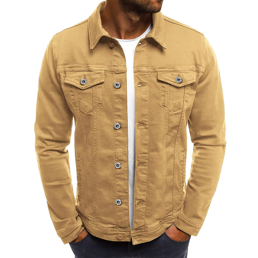 Slim denim jacket, khaki-2, front button placket and chest flap pockets