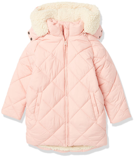 Light pink long quilted cocoon puffer with zip-up front and sherpa-lined hood