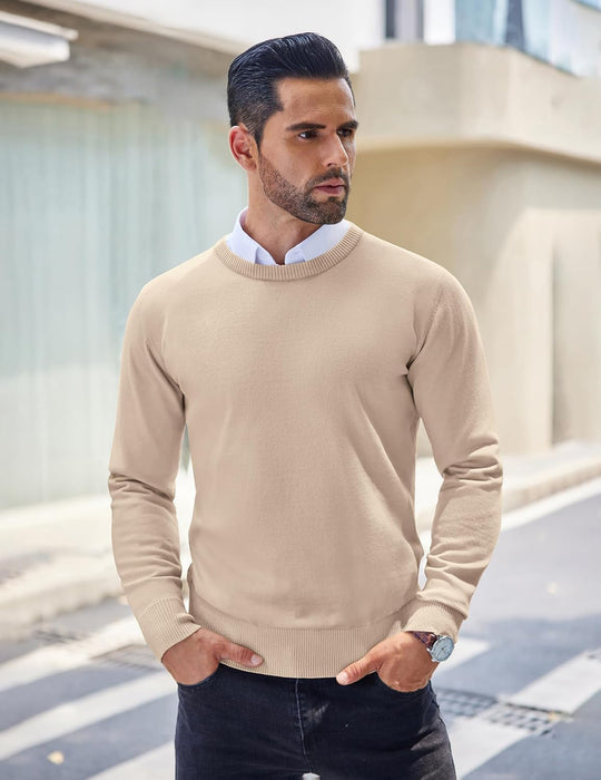 Light tan crew neck pullover sweater with ribbed cuffs and hem