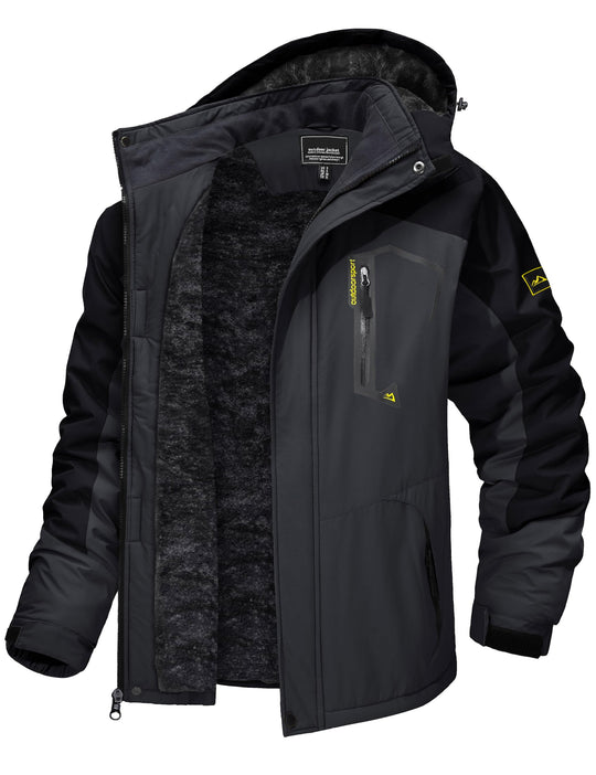 Men’s winter ski jacket with hood, water-resistant insulated fleece lining, dark gray/black