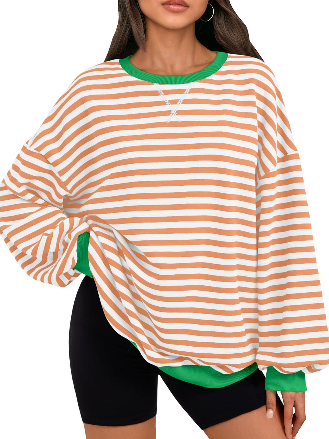 Oversized Sweatshirt orange-weiß gestreift, gerippter Crewneck und Bündchen in Grün