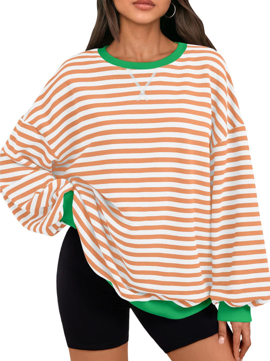 Oversized Sweatshirt orange-weiß gestreift, gerippter Crewneck und Bündchen in Grün
