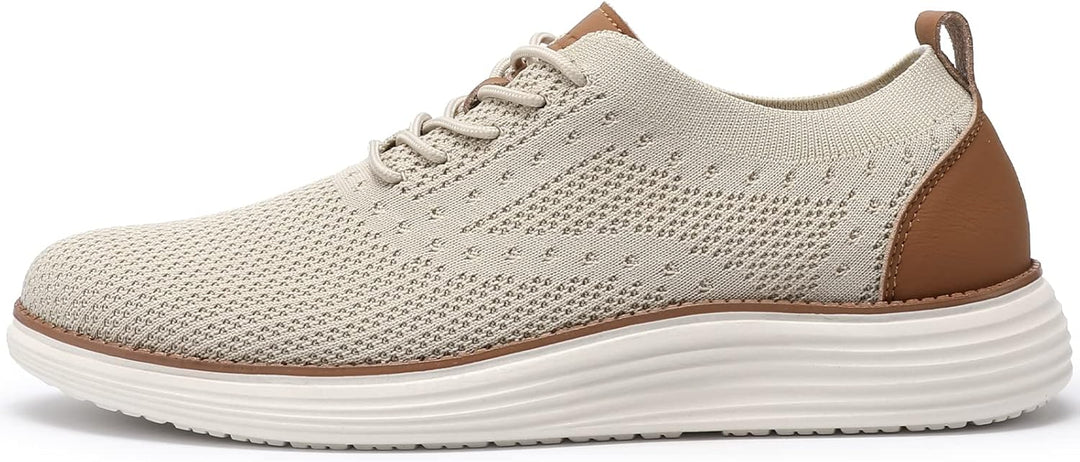 Beige men’s casual mesh sneakers with brown side panels and ribbed white sole