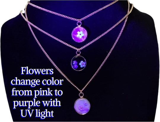 18K Gold Plated Natural Stone Necklace with Color Changing Floral Design, Black Obsidian, Amazonite, Rose Quartz, UV Reactive